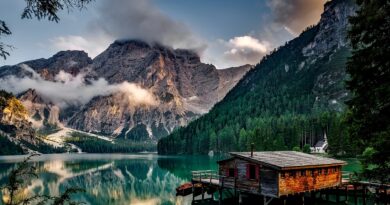 mountains, lake, house