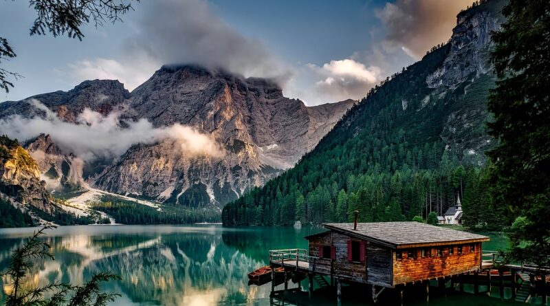 mountains, lake, house