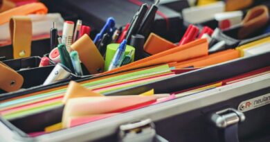 assorted pen and colored papers in organizer case